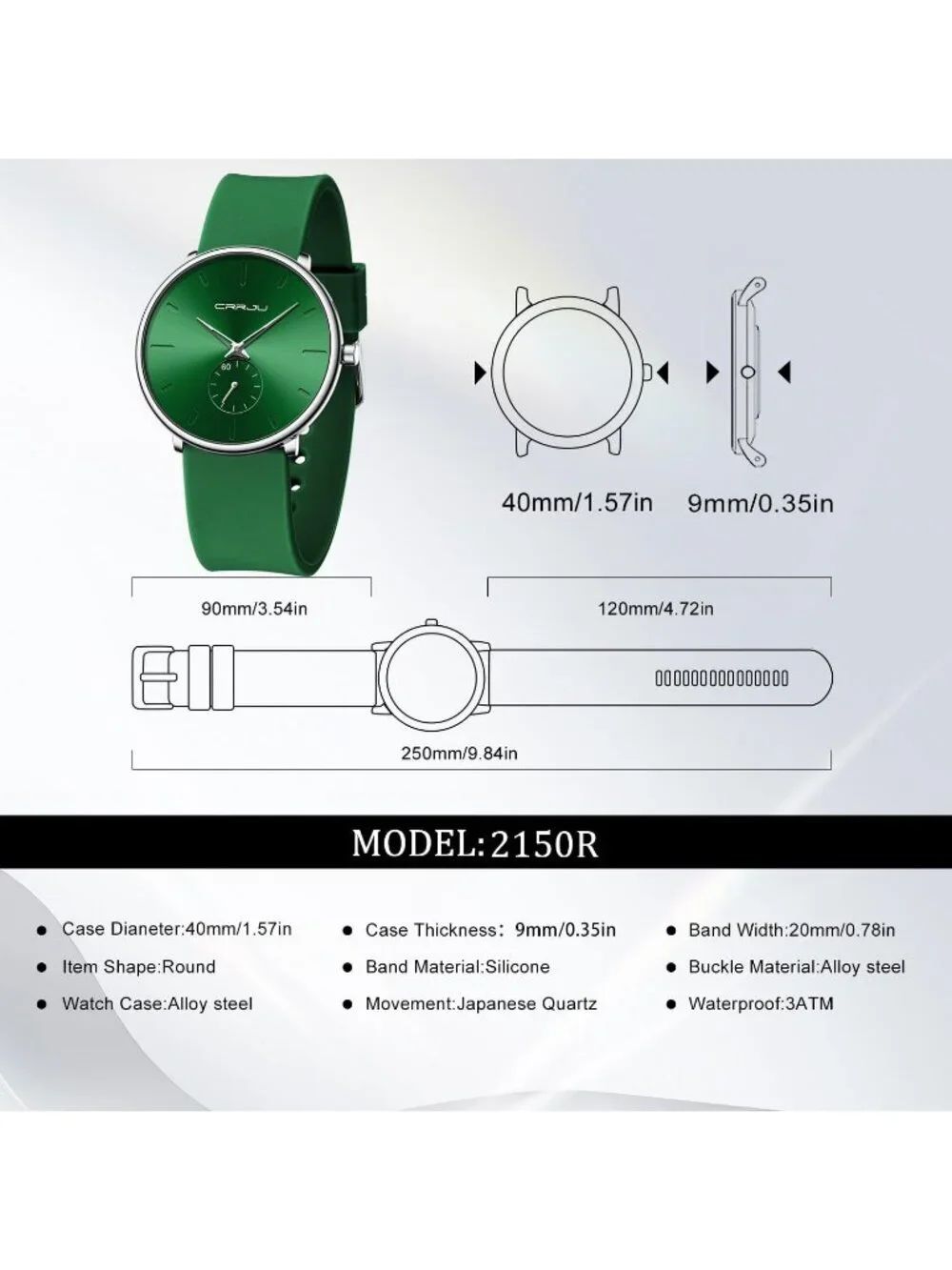 Crrju Men's Green Stylish Waterproof Quartz Unisex Ultra Silicone Band Watch